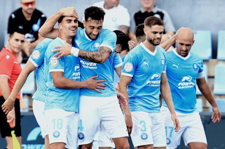 Monjonell, Arturo Molina, Medina y Guillem Molina, celebrando el gol de Gallar/ Foto: UD Ibiza