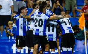 Jugadores del Hércules, celebrando un gol en el Rico Pérez/ Foto: Hércules CF